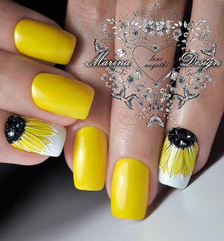 Yellow Nails, Yellow, Polish, Nail Polish, Swatch, Yellow Nail Design, Flower, Black 