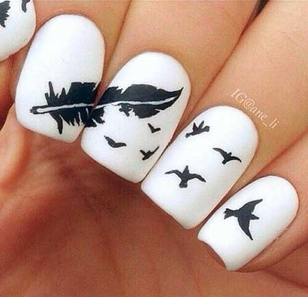 Feather Nail, Bird Nail, Nail Decals, Black and White Matte Nails, Cool 