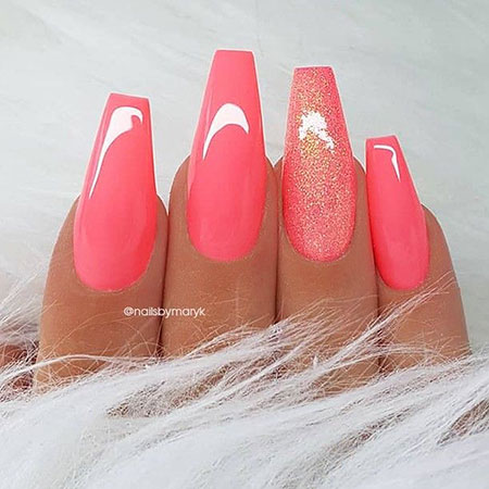 Coffin Coral Colored Nails, Coffin Coral Long Pink