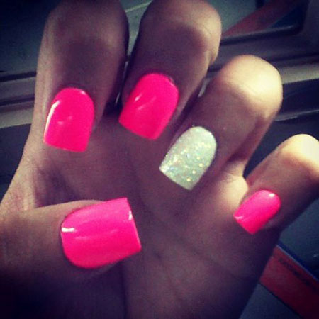 Summer Color Pink Nails, Pink Glitter Hot White